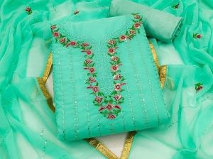 *Alluring Green Faux Georgette Embroidered Sequence Work Women Dress Material with Dupatta*