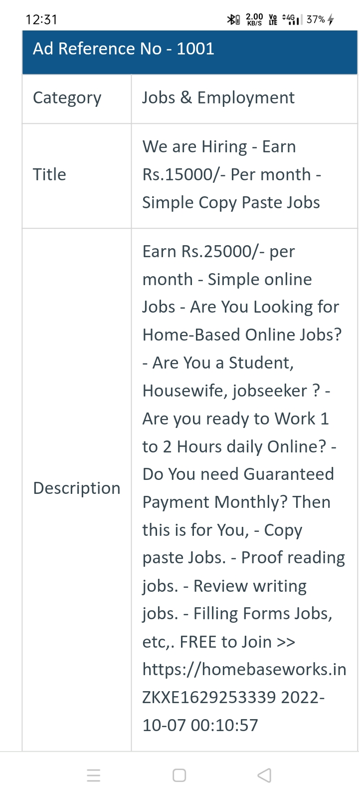 Ad Reference No – 1001 Category Jobs & Employment